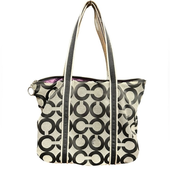 COACH Poppy Black Silver Gray Signature Canvas Large Tote - Picture 2 of 15